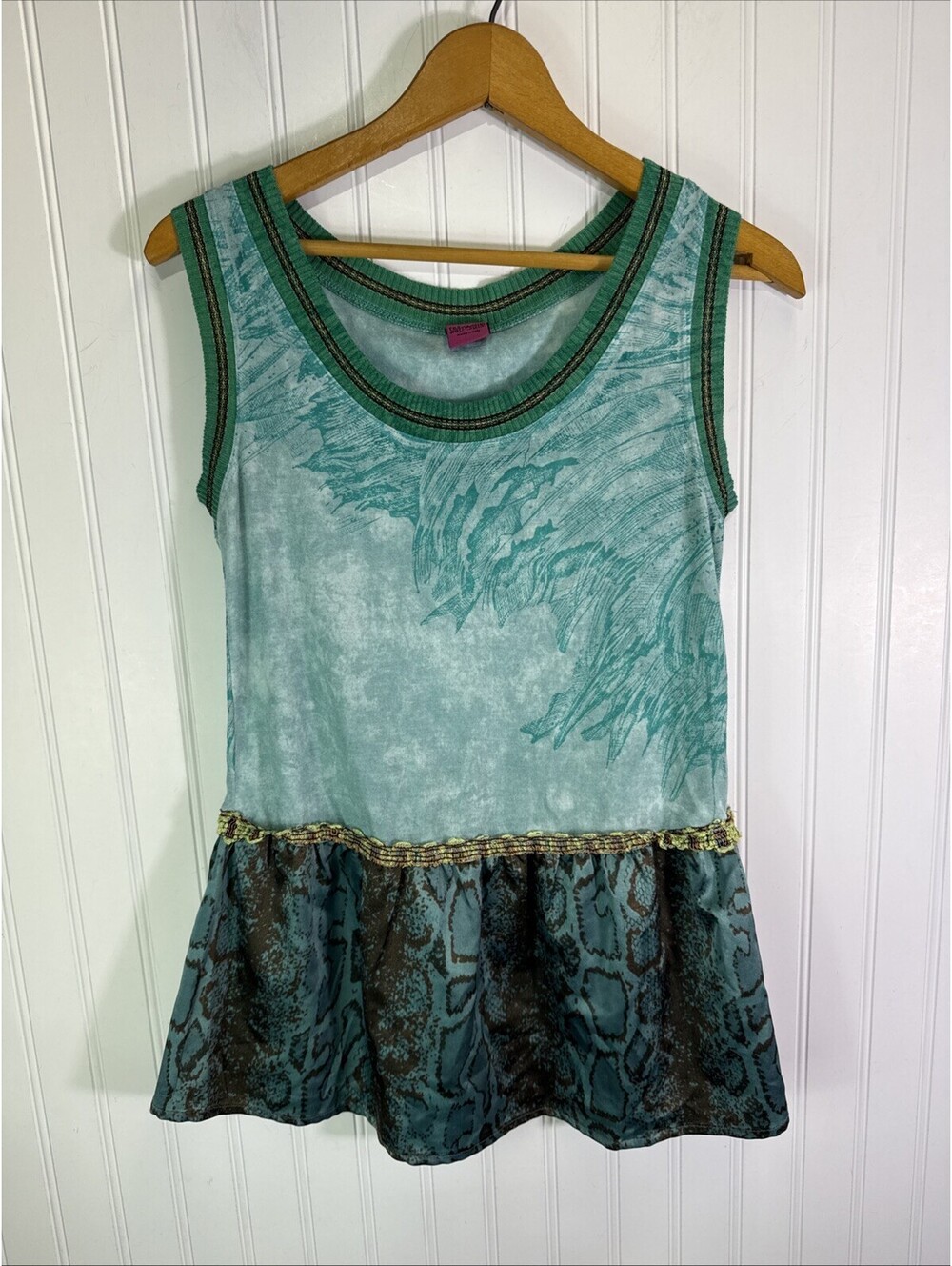 Vintage Save the Queen Sleeveless Tunic Top Snack Print Turquoise S Ruffle Green